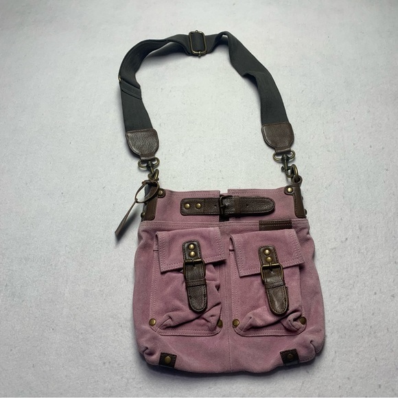 MiMu Suede Messenger Crossbody Bag Sundance Dusty Pink and Brown Purse - Picture 1 of 12